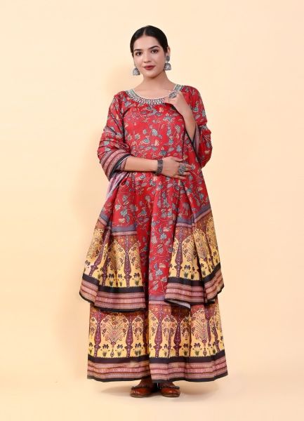 Red Chanderi Silk Digitally Printed Readymade Gown With Dupatta