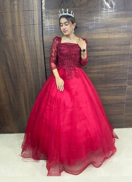 Crimson Red Net Handwork Wedding-Wear Readymade Bridal Gown