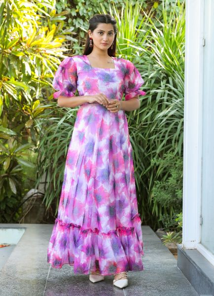 Lilac Georgette Digitally Printed Resort-Wear Readymade Maxi Dress
