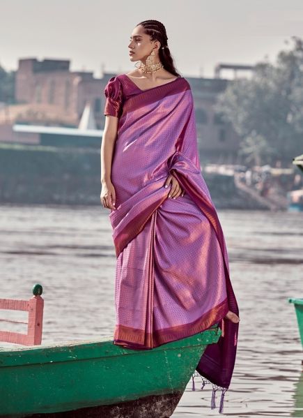 Lilac Silk Weaving Festive-Wear Handloom Saree