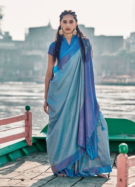 Light Sky Blue Silk Weaving Festive-Wear Handloom Saree