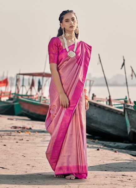 Pink Silk Weaving Festive-Wear Handloom Saree