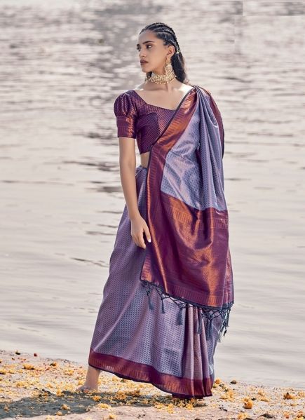 Light Violet Silk Weaving Festive-Wear Handloom Saree