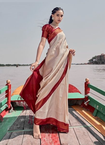 Beige Silk Weaving Festive-Wear Handloom Saree