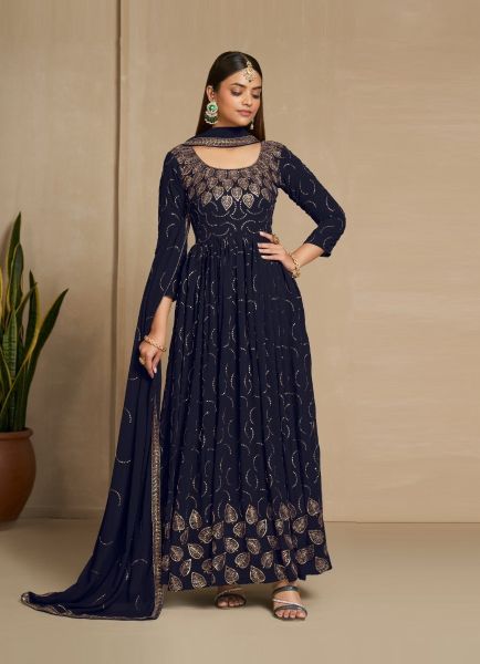 Dark Navy Blue Faux Georgette Embroidered Festive-Wear Readymade Gown With Dupatta