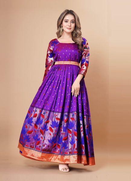 Purple Woven Silk Readymade Gown For Traditional / Religious Occasions