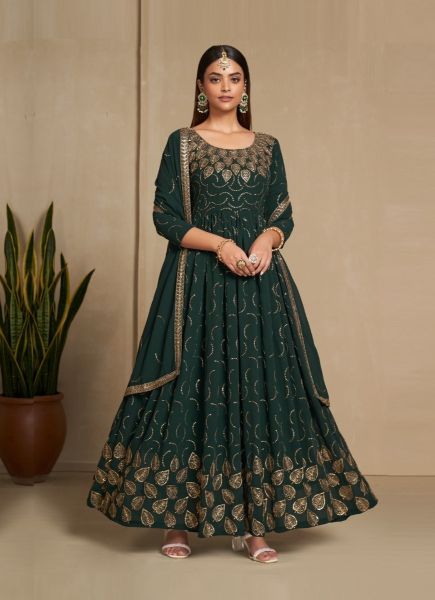 Dark Green Faux Georgette Embroidered Festive-Wear Readymade Gown With Dupatta