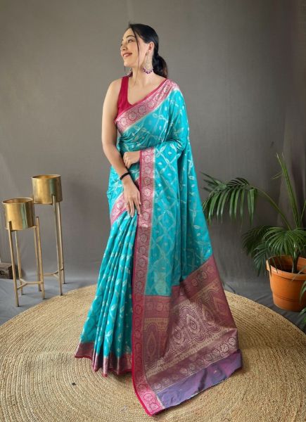 Dark Sky Blue Tabby Silk Weaving Festive-Wear Saree