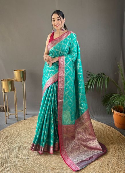 Aqua Tabby Silk Weaving Festive-Wear Saree
