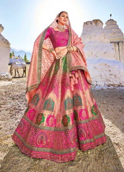 Magenta & Green Banarasi Silk Jacquard With Handwork Wedding-Wear Bridal Lehenga Choli