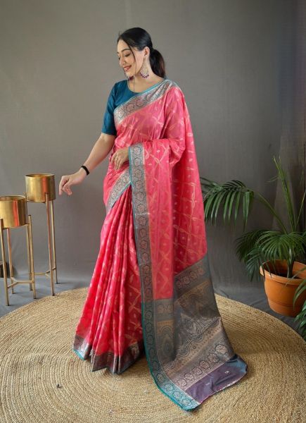 Dark Pink Tabby Silk Weaving Festive-Wear Saree