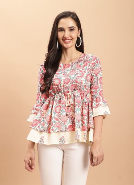 Cream & Pink Pure Cotton Printed Office-Wear Readymade Short Top