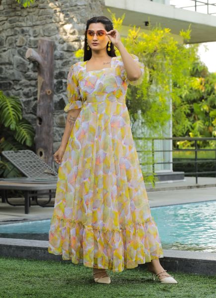 Yellow Georgette Digitally Printed Resort-Wear Readymade Maxi Dress