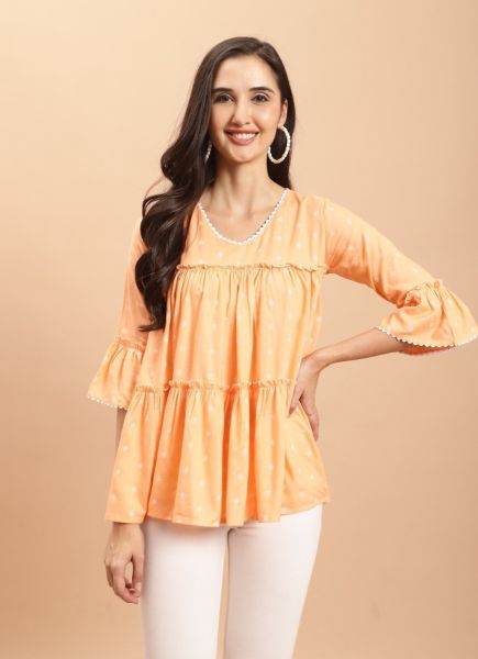 Light Peach Pure Cotton Printed Office-Wear Readymade Short Top