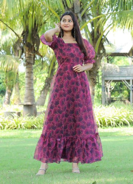Purple Georgette Digitally Printed Resort-Wear Readymade Maxi Dress