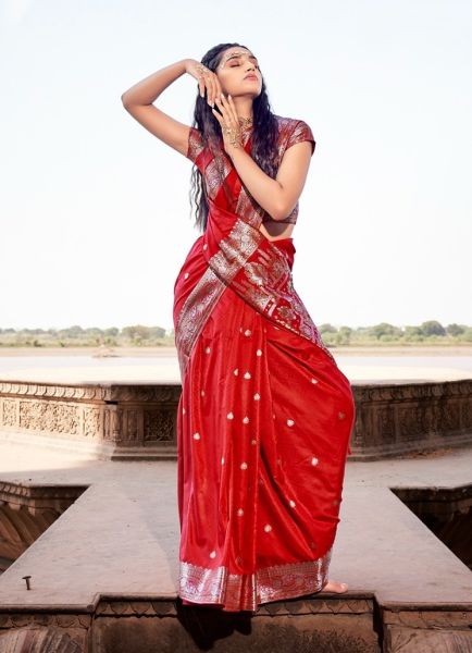 Red Pure Satin Silk Saree With Zari Weaving