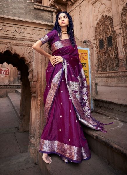 Purple Pure Satin Silk Saree With Zari Weaving