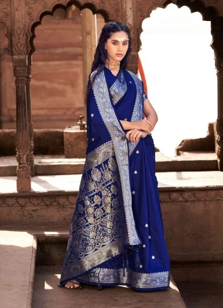 Blue Pure Satin Silk Saree With Zari Weaving