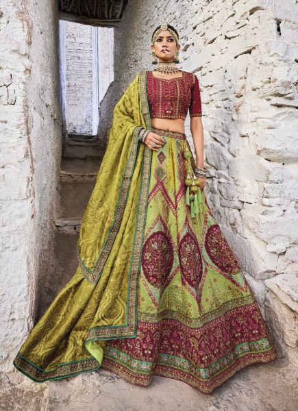 Light Green & Wine Banarasi Silk Jacquard Handwork Wedding-Wear Bridal Lehenga Choli
