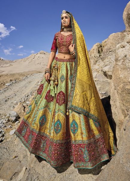 Multicolor Banarasi Silk Jacquard Handwork Wedding-Wear Bridal Lehenga Choli