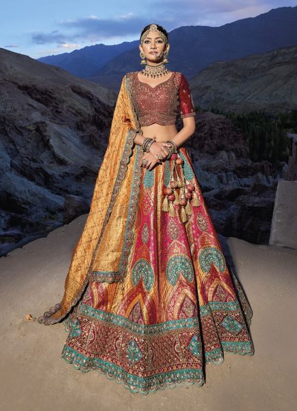 Marigold & Magenta Banarasi Silk Jacquard Handwork Wedding-Wear Bridal Lehenga Choli