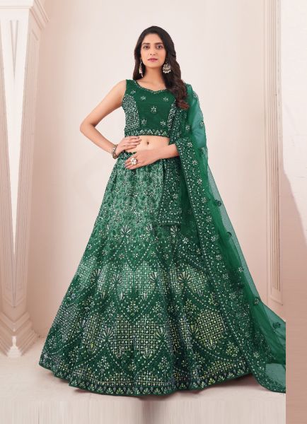 Green Net Mirror-Work Wedding-Wear Bridal Lehenga Choli