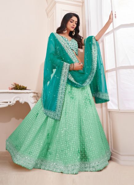 Mint Green Georgette Mirror-Work Wedding-Wear Bridal Lehenga Choli