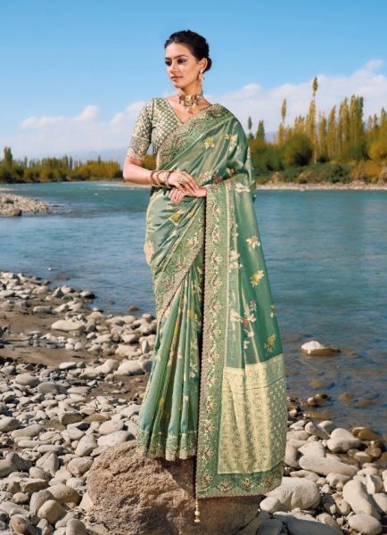 Sea Green Pure Banarasi Handwork Wedding-Wear Jari Silk Saree