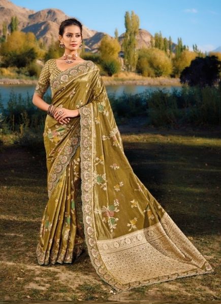 Dark Golden Pure Banarasi Handwork Wedding-Wear Jari Silk Saree