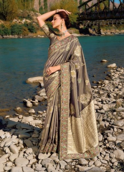 Warm Gray Pure Banarasi Handwork Wedding-Wear Jari Silk Saree