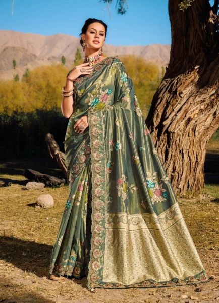 Sage Green Pure Banarasi Handwork Wedding-Wear Jari Silk Saree