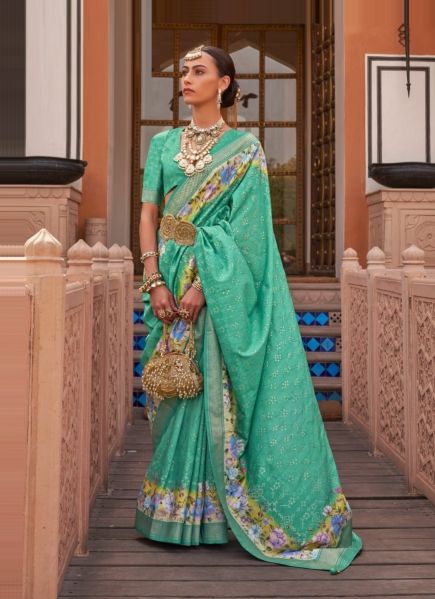 Aqua Green Digitally Printed Party-Wear Floral Silk Saree