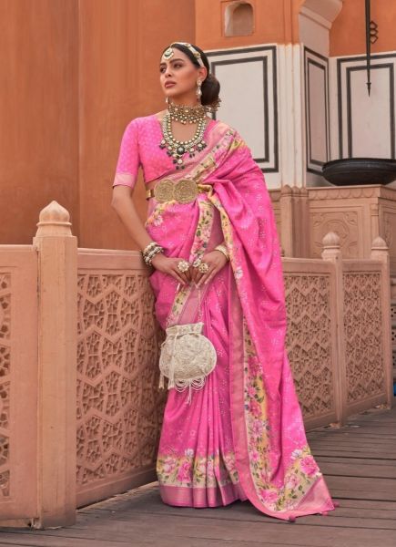 Dark Pink Digitally Printed Party-Wear Floral Silk Saree