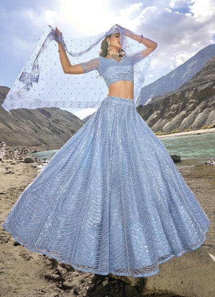 Light Blue Pure Net Sequins-Work Wedding-Wear Stylish Lehenga Choli