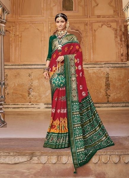 Red & Green Patola Silk Printed Festive-Wear Saree