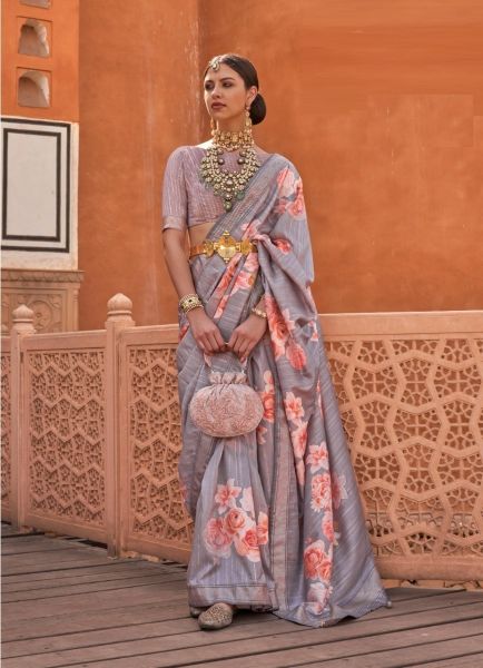 Gray Digitally Printed Party-Wear Floral Silk Saree
