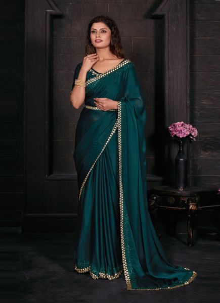 Teal Blue Satin Georgette Embroidered Festive-Wear Fashionable Saree