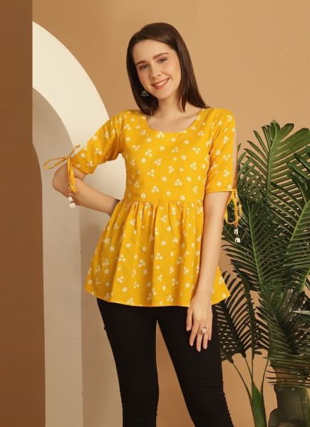 Yellow Cambric Cotton Printed College-Wear Readymade Short Top