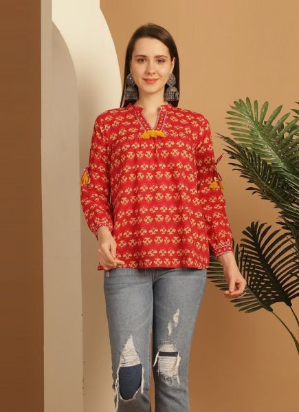 Red Cambric Cotton Printed College-Wear Readymade Short Top