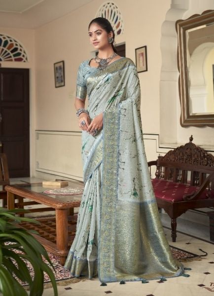 Light Blue Soft Silk Digitally Printed Festive-Wear Saree