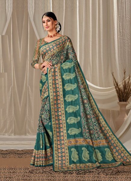 Teal Green Art Silk Printed Handloom Saree For Traditional / Religious Occasions