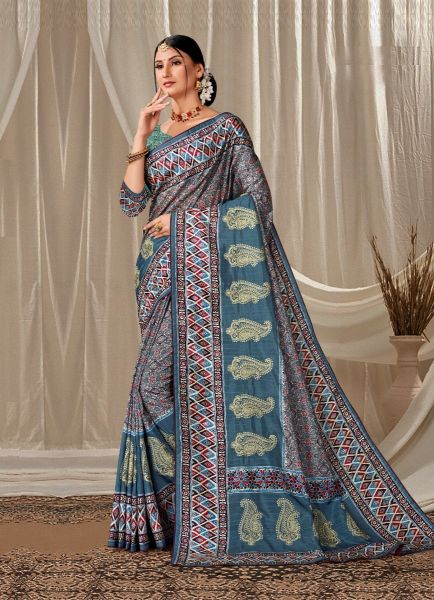 Steel Blue Art Silk Printed Handloom Saree For Traditional / Religious Occasions