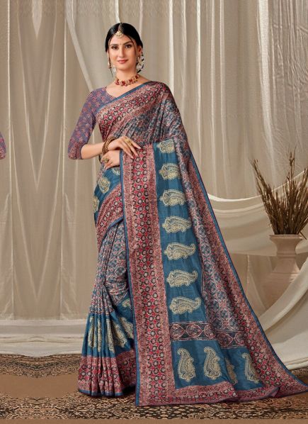 Steel Blue & Red Art Silk Printed Handloom Saree For Traditional / Religious Occasions