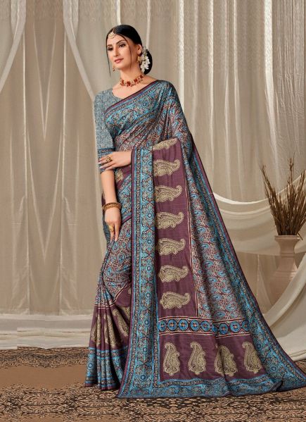 Sky Blue & Wine Art Silk Printed Handloom Saree For Traditional / Religious Occasions