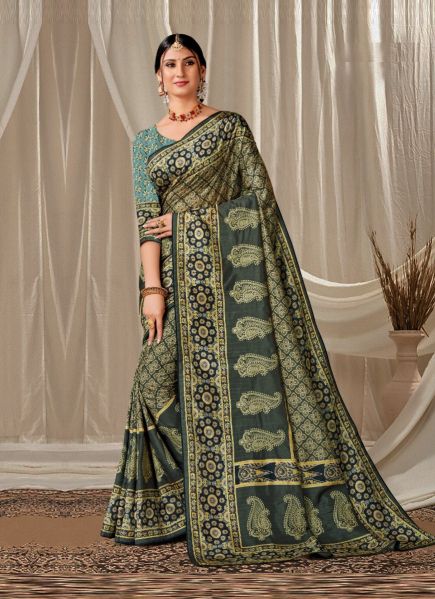 Dark Teal Green Art Silk Printed Handloom Saree For Traditional / Religious Occasions