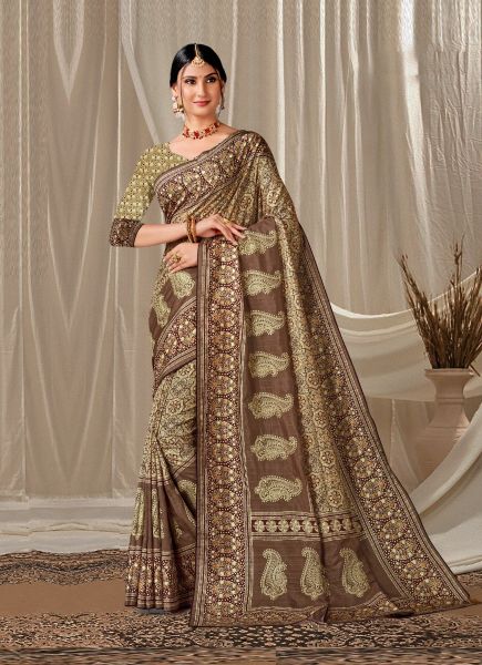 Cream & Brown Art Silk Printed Handloom Saree For Traditional / Religious Occasions