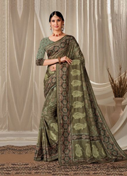 Mahendi Green Art Silk Printed Handloom Saree For Traditional / Religious Occasions