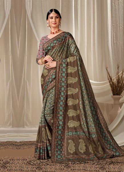 Coffee Brown Art Silk Printed Handloom Saree For Traditional / Religious Occasions