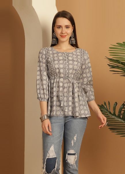 Light Gray Cambric Cotton Printed College-Wear Readymade Short Top