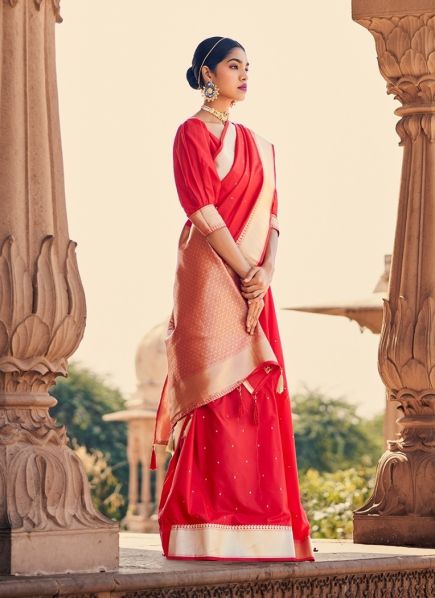 Crimson Red Banarasi Satin Silk Festive-Wear Saree